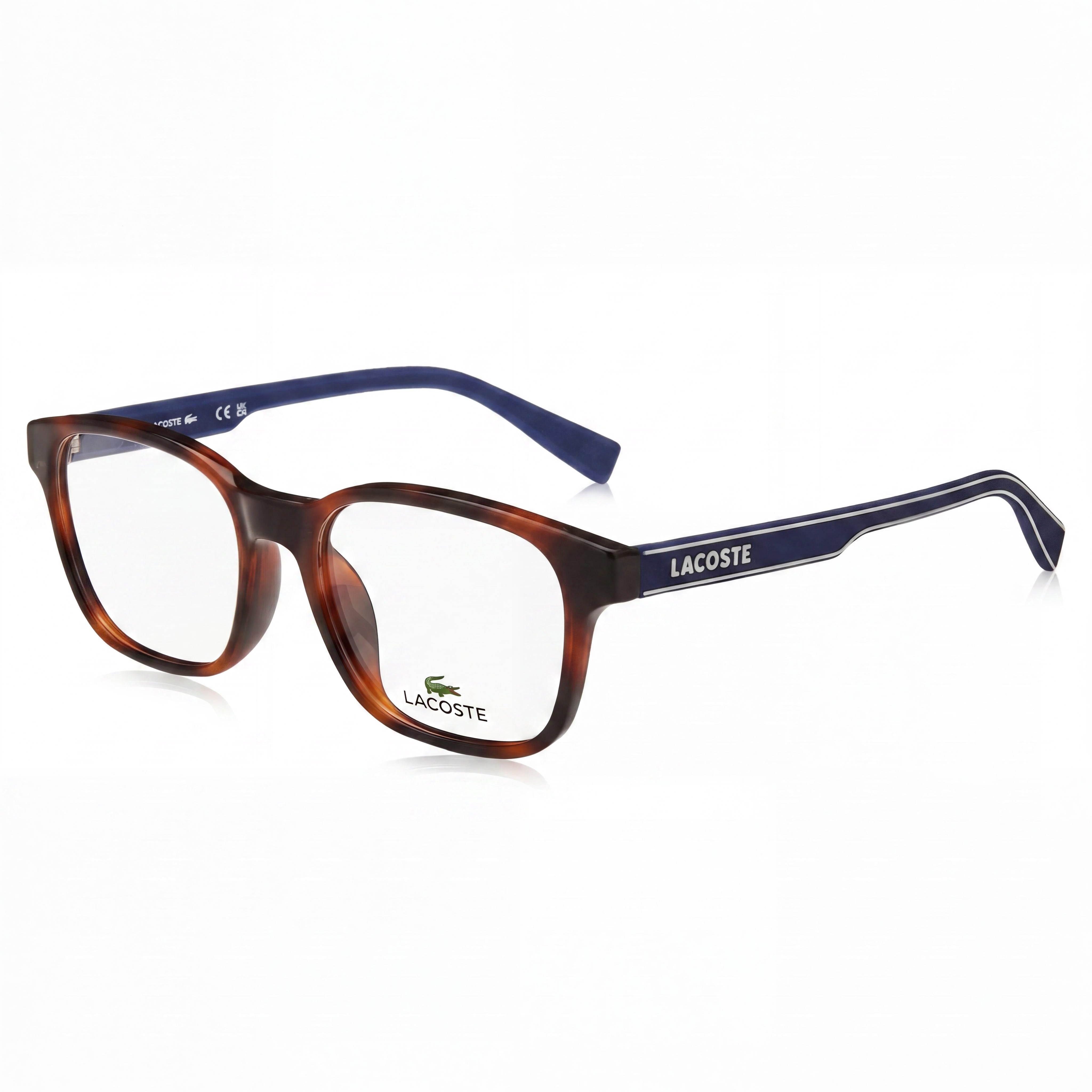 Gafas ópticas unisex modernas Lacoste con montura de plástico color Habana y lentes de 49 mm de ancho., Photo 1