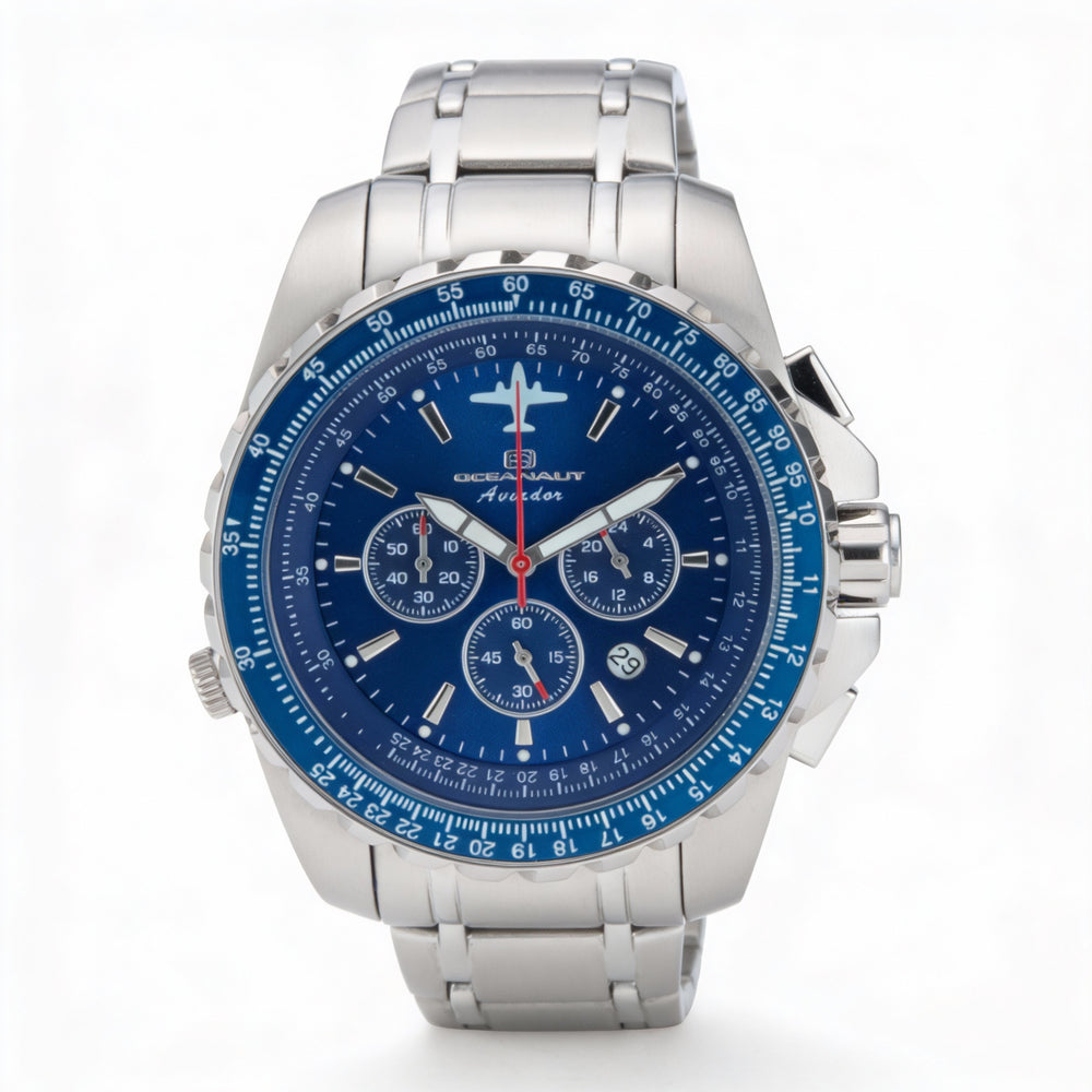 Oceanaut Quartz Movement Men's Silver Chronograph Watch with Rotating Bezel, Date Display, 50m Water Resistant, 45mm Case