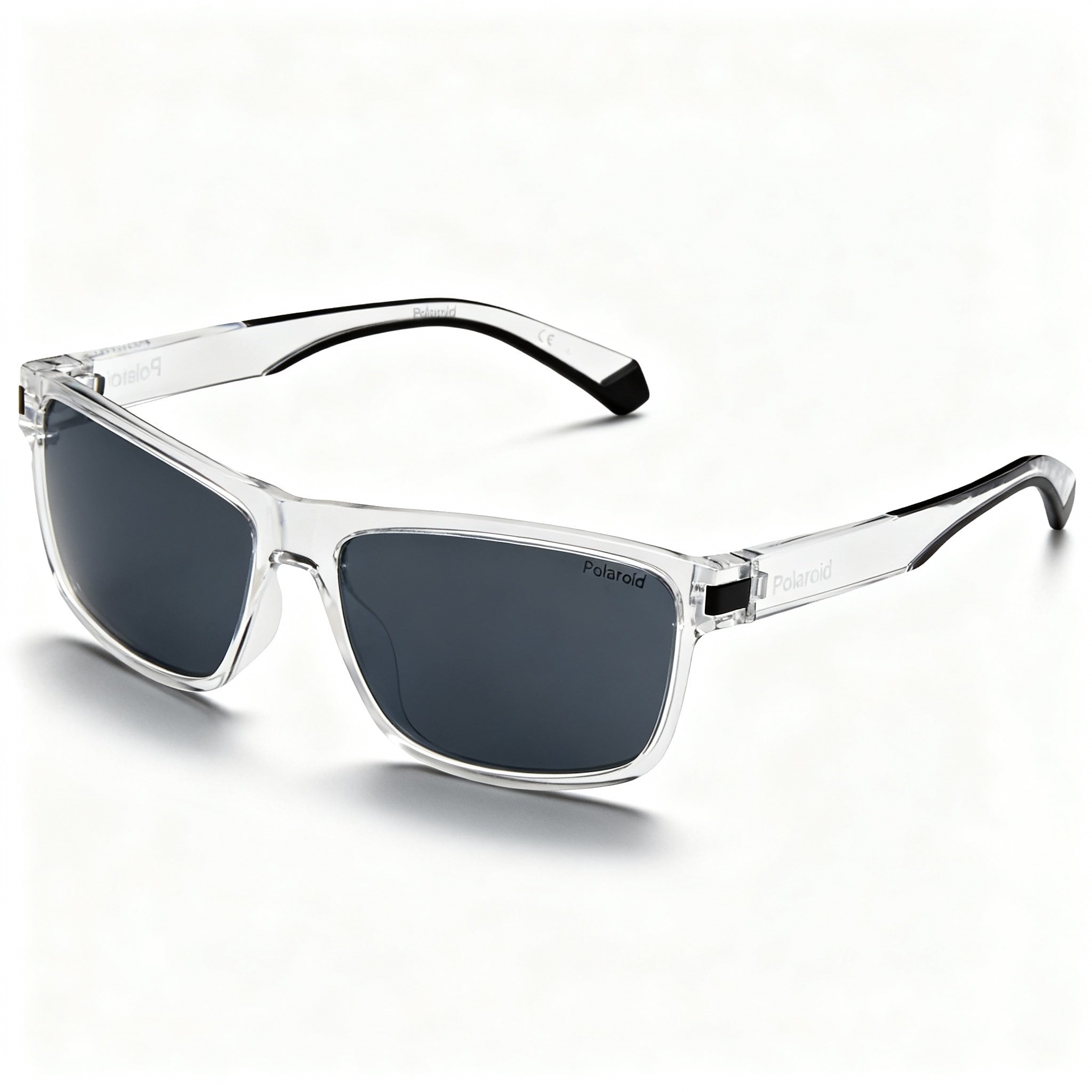 Polaroid Rectangular Crystal Polycarbonate Polarized Unisex Sunglasses, Crystal Black, Grey Mirror Silver Lenses, 58mm
