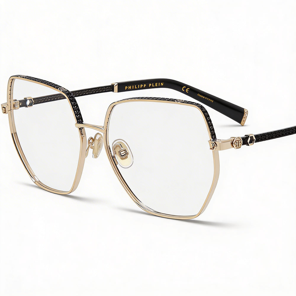 Gafas Philipp Plein Vpp054s para hombre con montura completa irregular, montura de metal y lentes de acetato, color oro rosa y negro, 57 mm