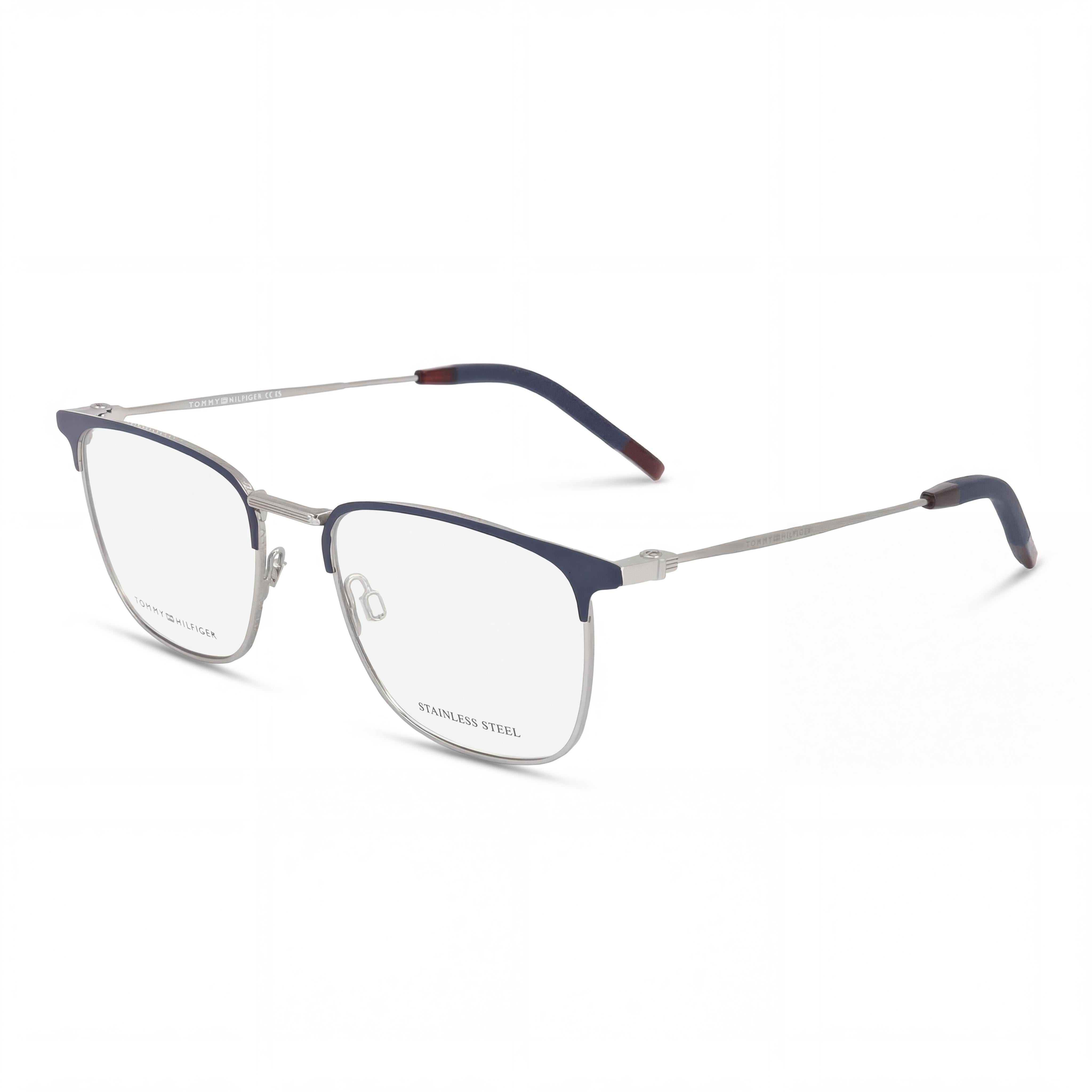 Gafas Tommy Hilfiger modernas unisex cuadradas de montura completa, de metal azul mate, con 52 mm de ancho de lente, Photo 1