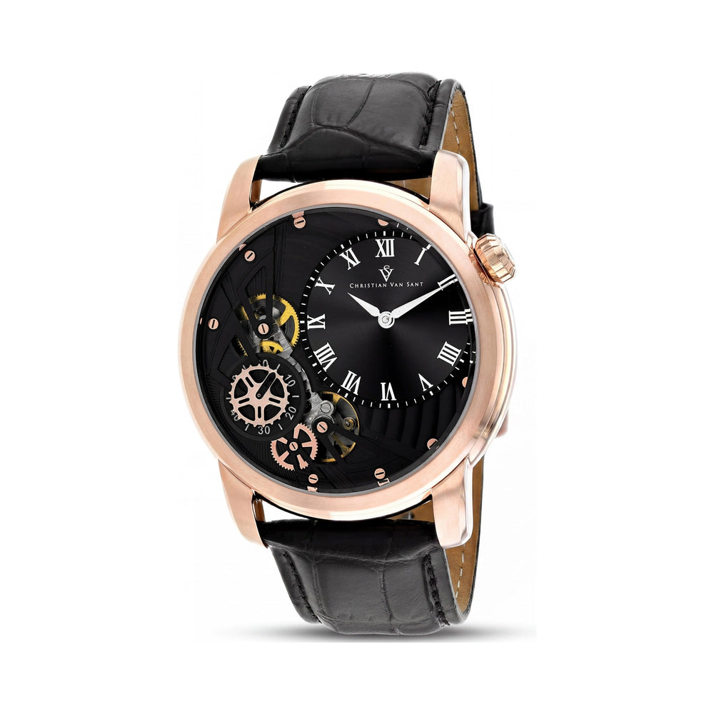 Reloj Christian Van Sant para hombre con movimiento de cuarzo, caja de acero inoxidable, correa de cuero, esfera negra y resistente al agua.