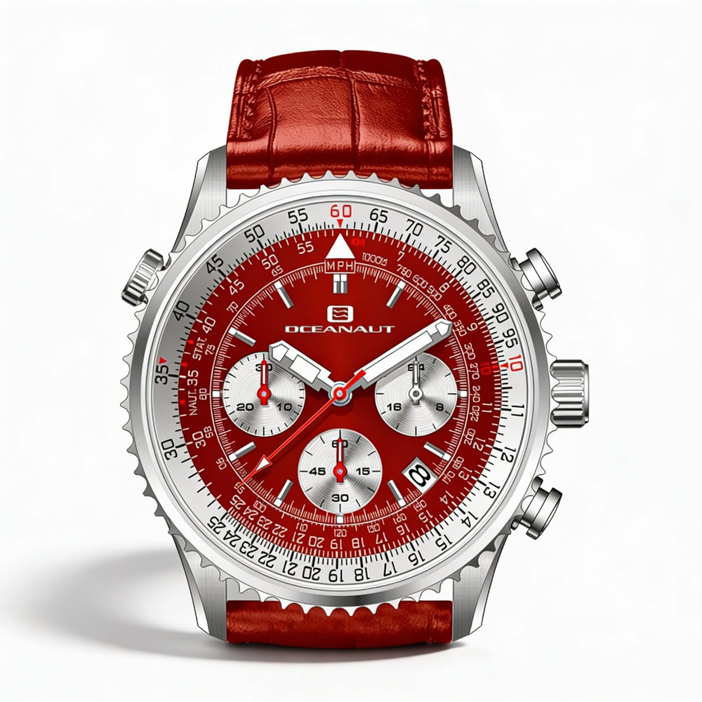 Oceanaut Modern Men's Red Dial Chronograph Quartz Movement Watch, Stainless Steel Case, Leather Strap, Water Resistant 100M