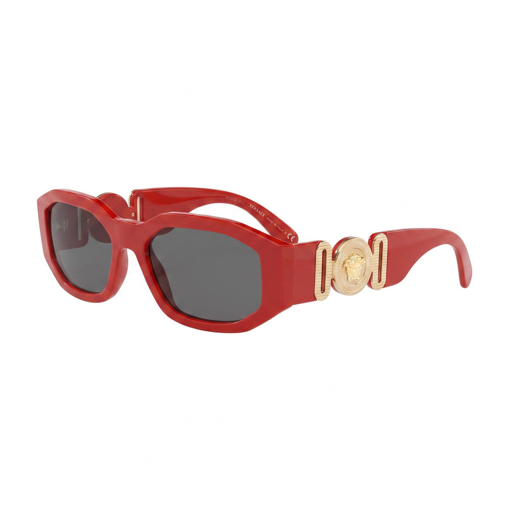 Gafas de sol unisex Versace de estilo geométrico con montura de propionato rojo gris y lentes de policarbonato gris oscuro de 53 mm