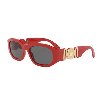 Versace Geometric Style Unisex Sunglasses with Red Grey Propionate Frame and Dark Grey Polycarbonate Lenses 53mm