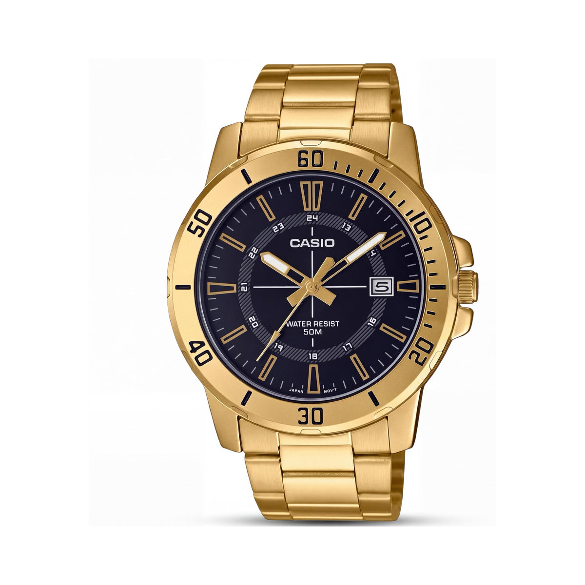 Casio MTP-VD01G-1CVUDF Men's Black Gold Tone Stainless Steel Bracelet Analog Chronograph Watch with Shock Resistance, Photo 1