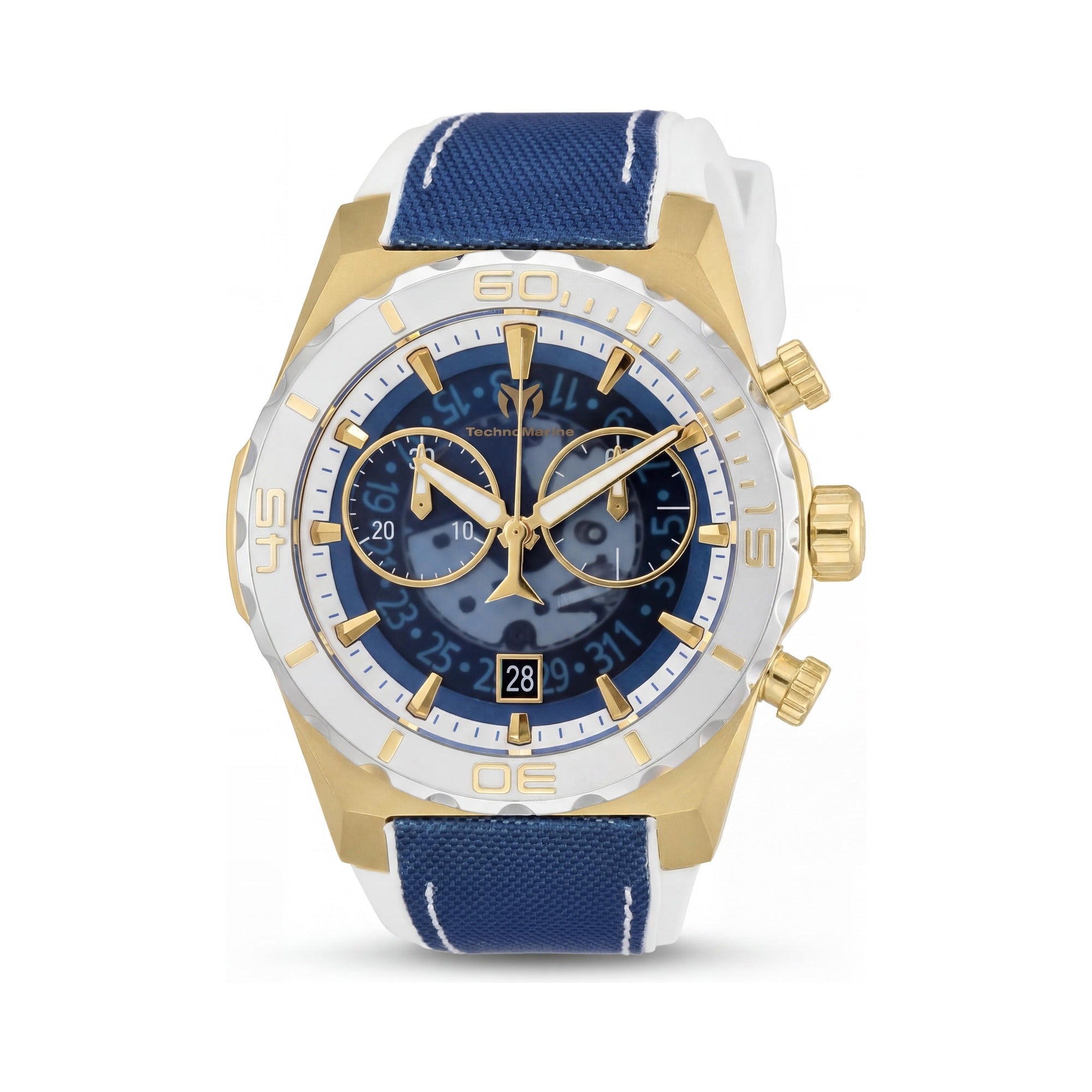 TechnoMarine Modern Men's White Blue Silicone Nylon Swiss Quartz Glow In The Dark Steel Gold Tone 48mm Watch, Photo 1