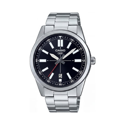 Casio MTP-VD02B-1EUDF Reloj de pulsera analógico de cuarzo para hombre con cronógrafo y alarma, de acero inoxidable, color negro, tono plateado