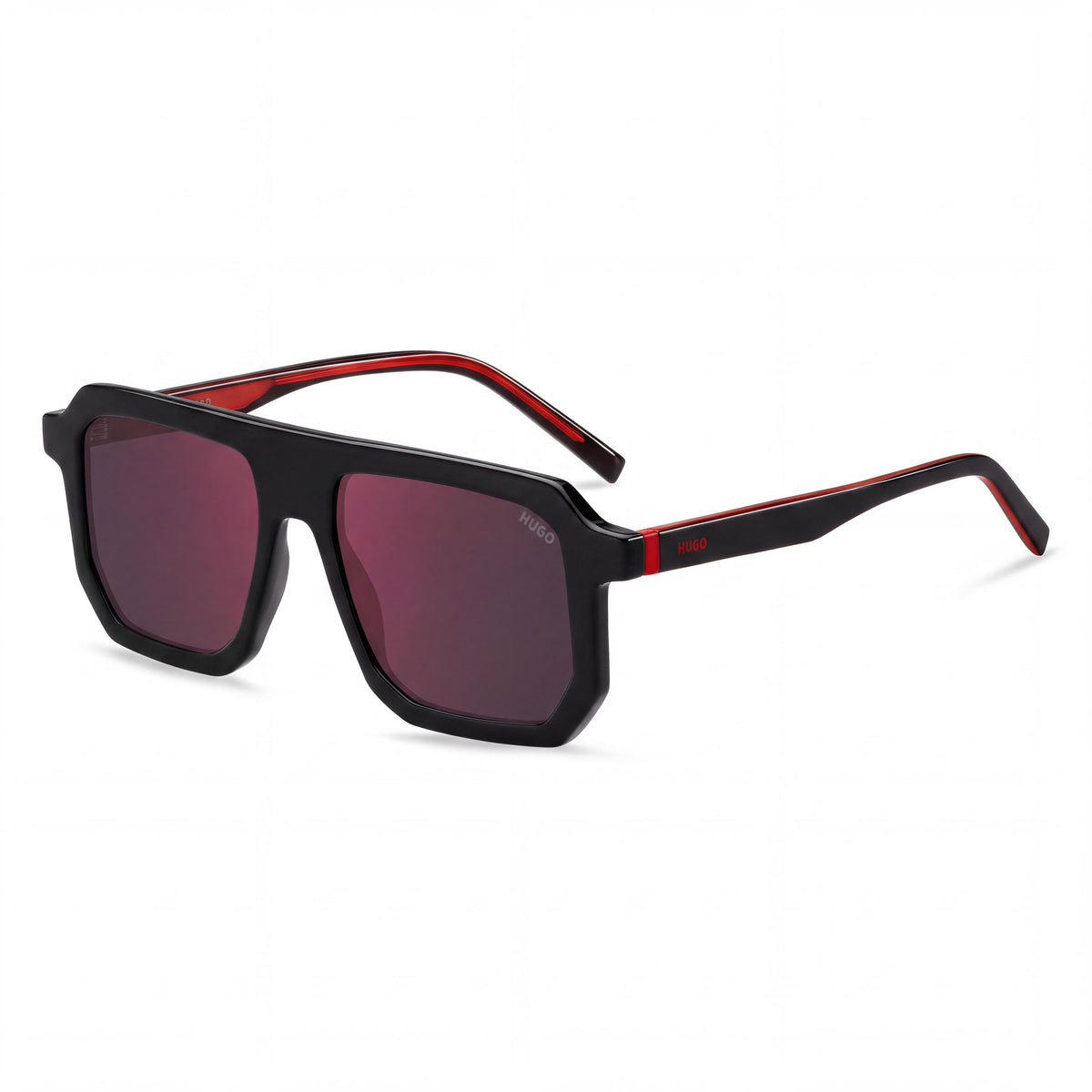HUGO Women's Rectangular Flat Top Sunglasses, Black Frame with Red Mirror Lenses, 53mm, Photo 1