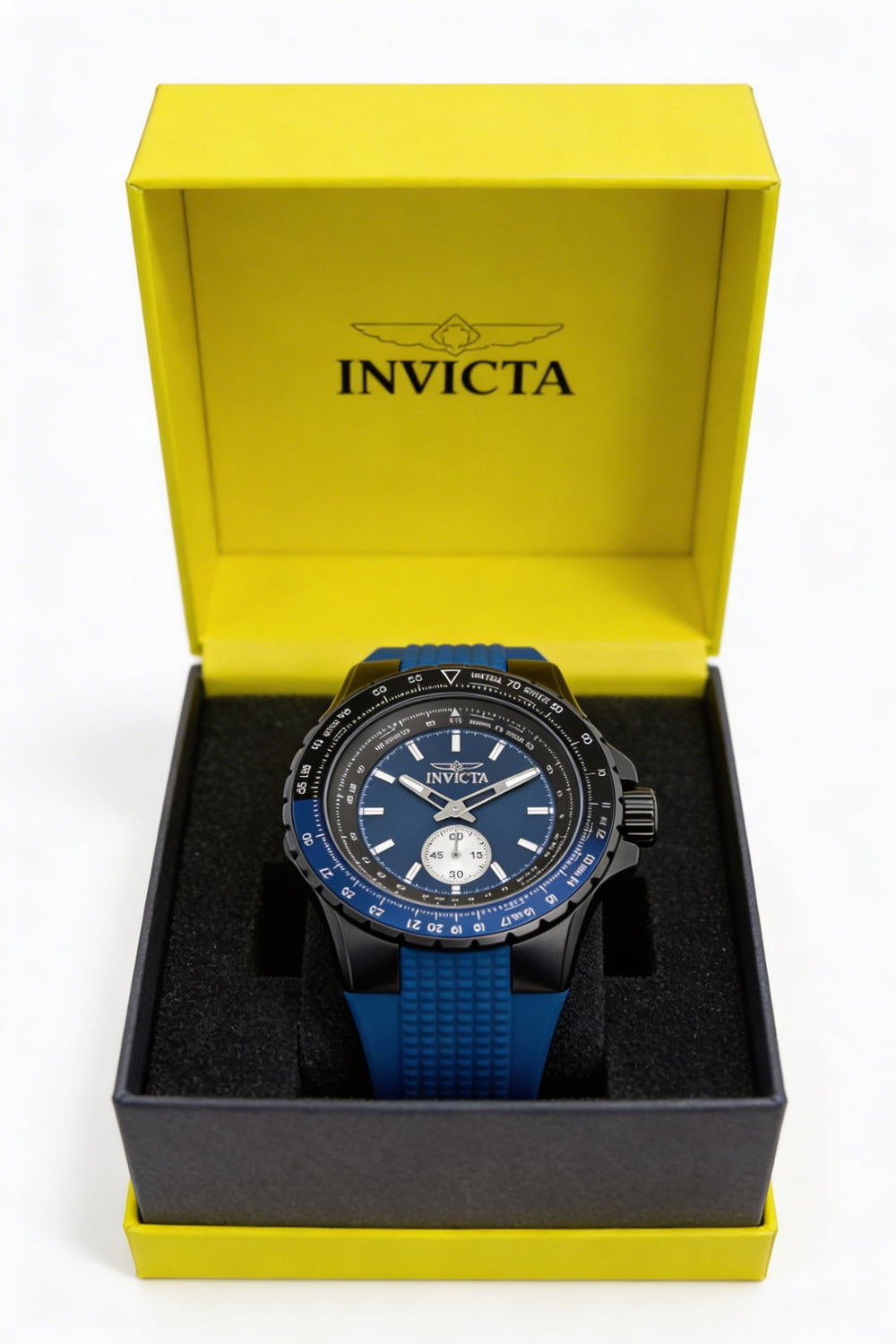Reloj Invicta Aviator 49300 para hombre, de cuarzo, acero inoxidable negro, 50 mm, esfera azul, correa de silicona y resistente al agua hasta 10 ATM.