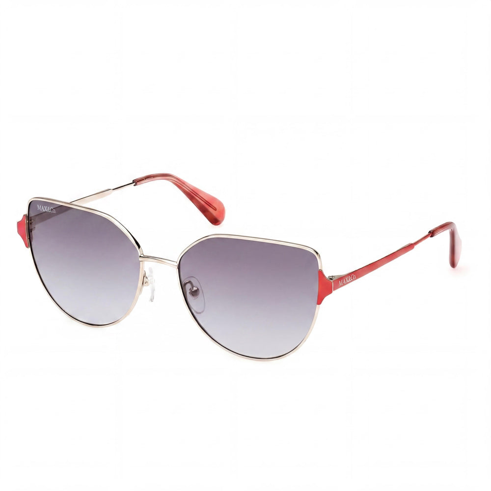 Gafas de sol modernas Max & Co. para mujer, montura de metal dorado con lentes de 57 mm no polarizadas con protección UV y efecto ahumado degradado.