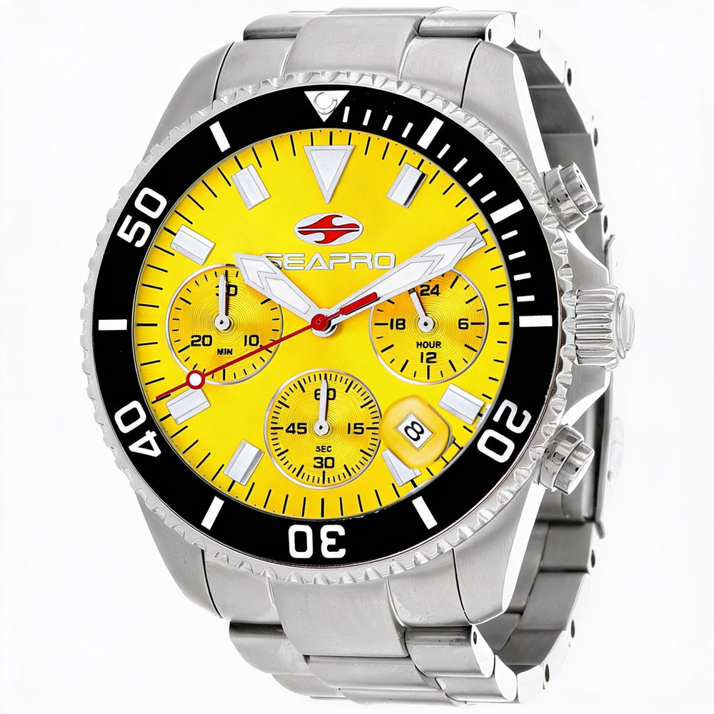 Seapro Men's Quartz Movement Chronograph Yellow Dial Stainless Steel Watch with Scratch Resistant Mineral, 200m Water Resistant