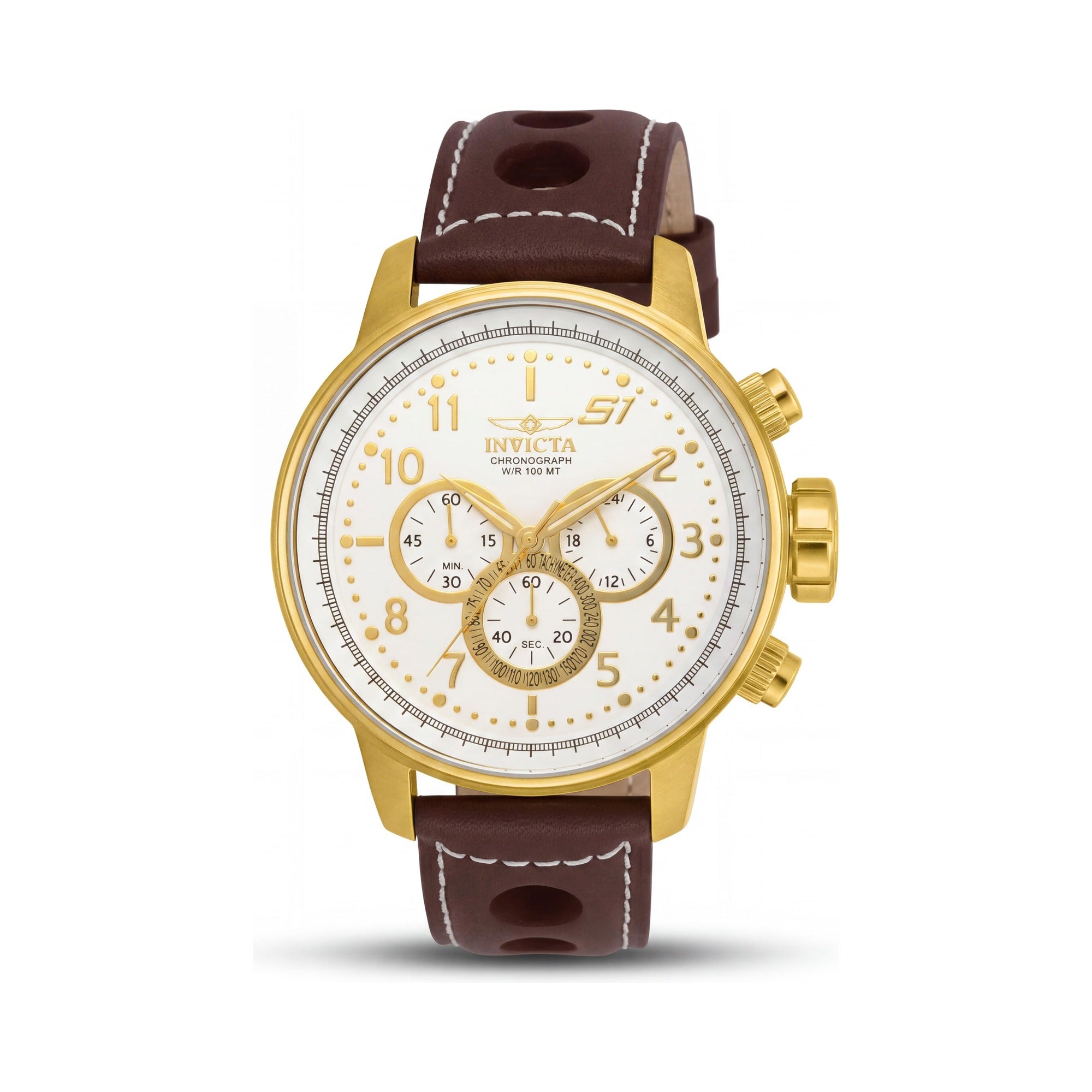 Invicta S1 Rally 16011 Men's Chronograph GMT Watch, Gold-Tone Stainless Steel, Brown Leather, 48mm, Photo 1