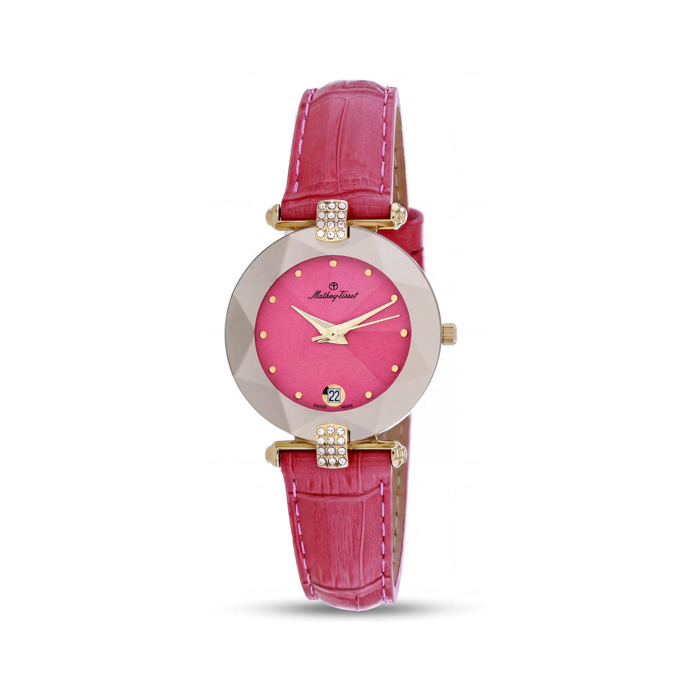 Reloj Mathey-Tissot P317F para mujer con esfera rosa, caja de acero inoxidable, resistente al agua y correa de piel