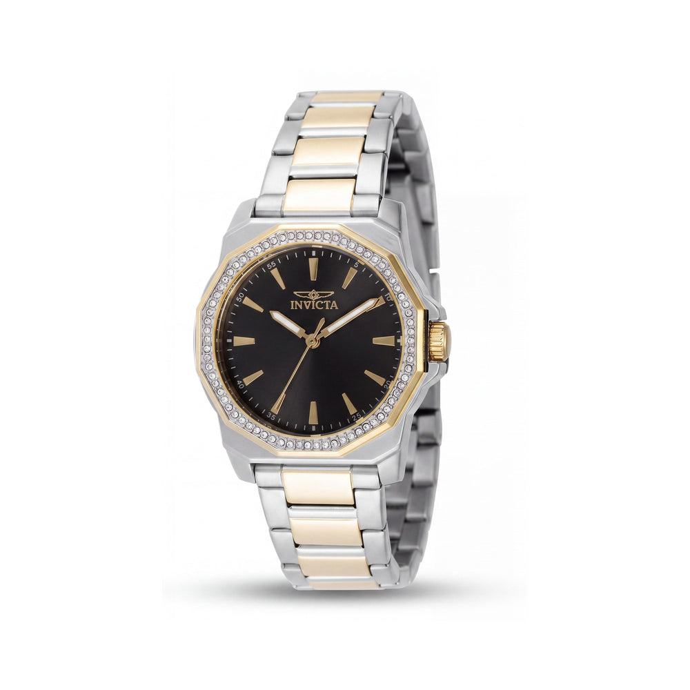 Reloj de cuarzo Invicta Speedway 49112 para mujer con brazalete de acero inoxidable tono plateado, esfera negra de 34 mm