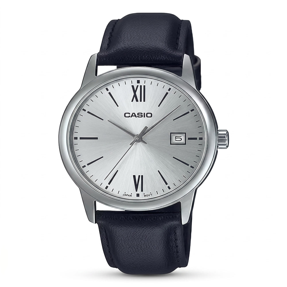 Casio Men's Quartz Movement Black Stainless Steel Leather Strap Round Glow In The Dark Watch 38mm
