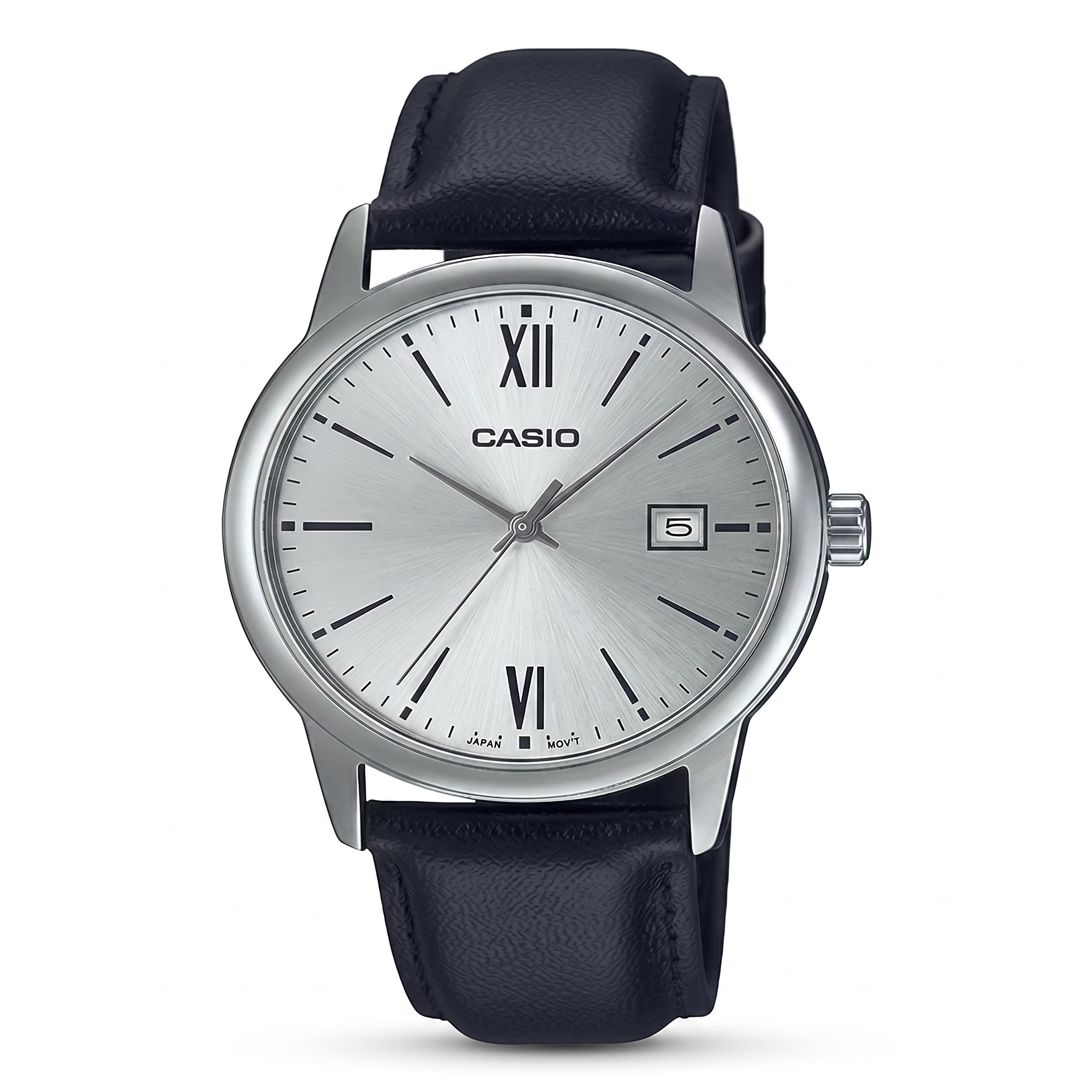 Casio Men's Quartz Movement Black Stainless Steel Leather Strap Round Glow In The Dark Watch 38mm, Photo 1