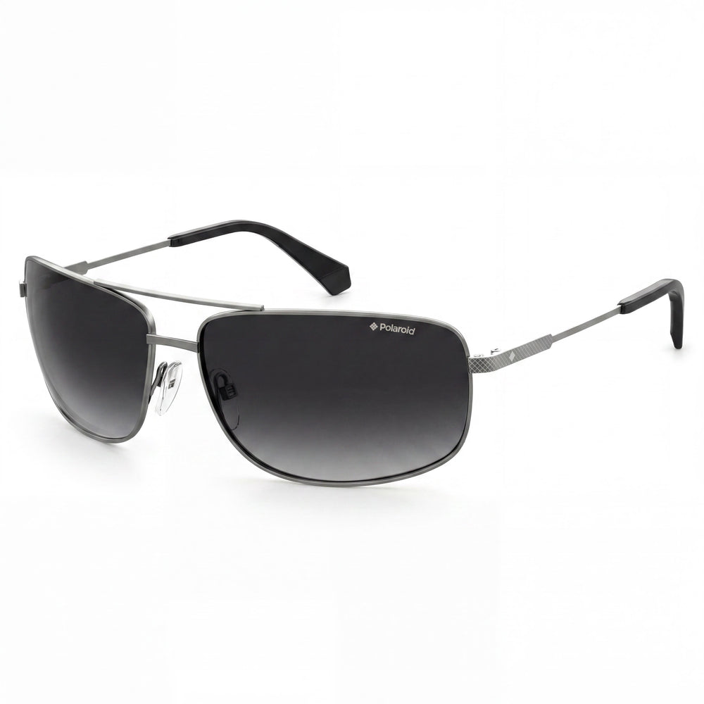 Polaroid Men's Rectangular Polarized UV Stainless Steel Sunglasses, Semi Matte Ruthenium Frame, Gray Lens, 63-14-130mm