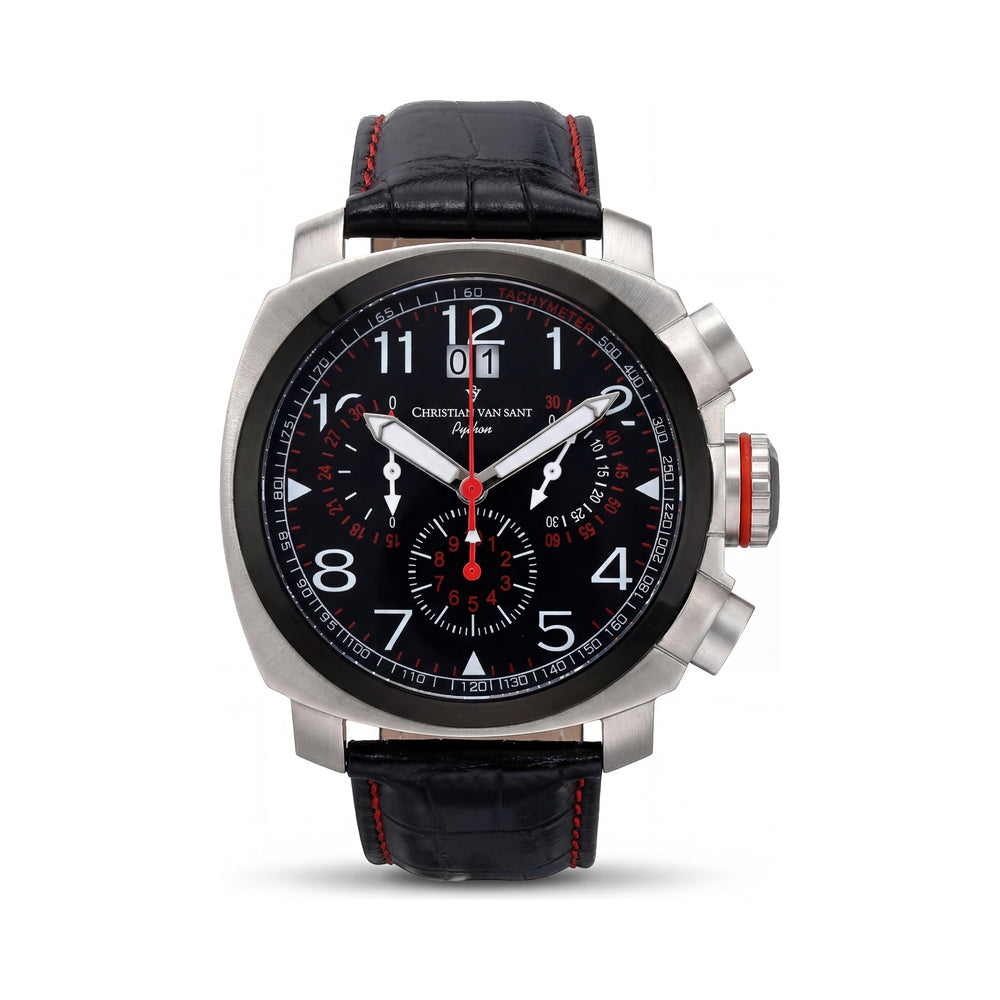 Christian Van Sant CV3AU1 Grand Python Reloj de Hombre, Correa de Cuero Negra, Cronógrafo, Fecha, Cuarzo Suizo, Resistencia al Agua 100m, Caja de 50mm