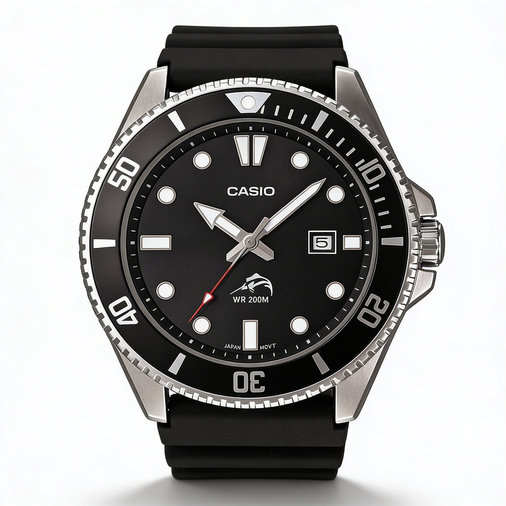 Reloj Casio para hombre con correa de resina, caja de acero inoxidable negro/plateado, esfera negra, resistente al agua, segundero.