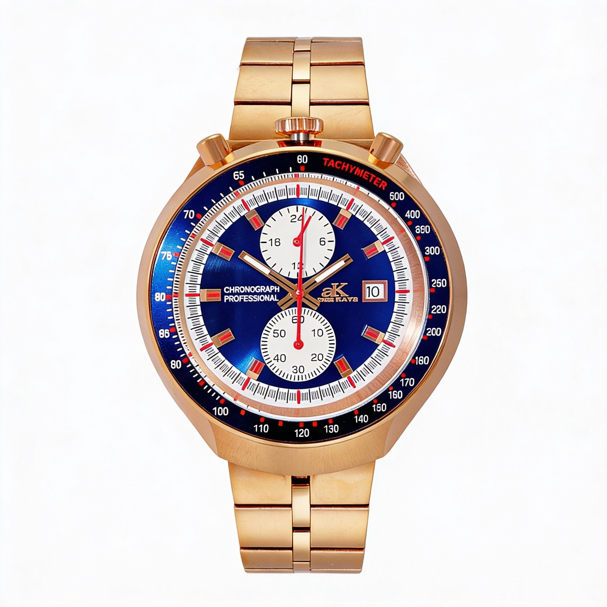 Reloj cronógrafo de pulsera Adee Kaye para hombre con visualización de 24 horas y fecha, movimiento de cuarzo japonés, tono azul rosa, 44 mm, Photo 1