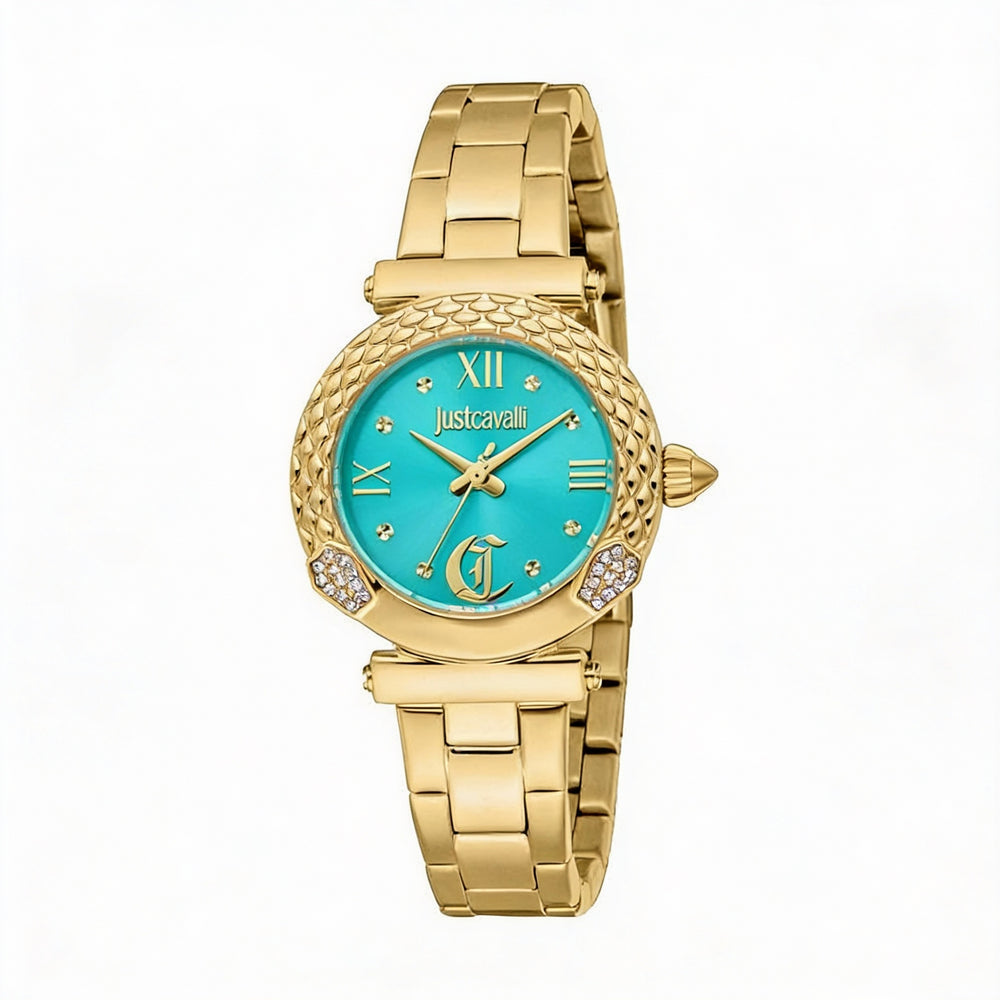 Just Cavalli Fashion Women's Yellow Gold Stainless Steel Watch, Turquoise Dial, Water Resistant, 30mm