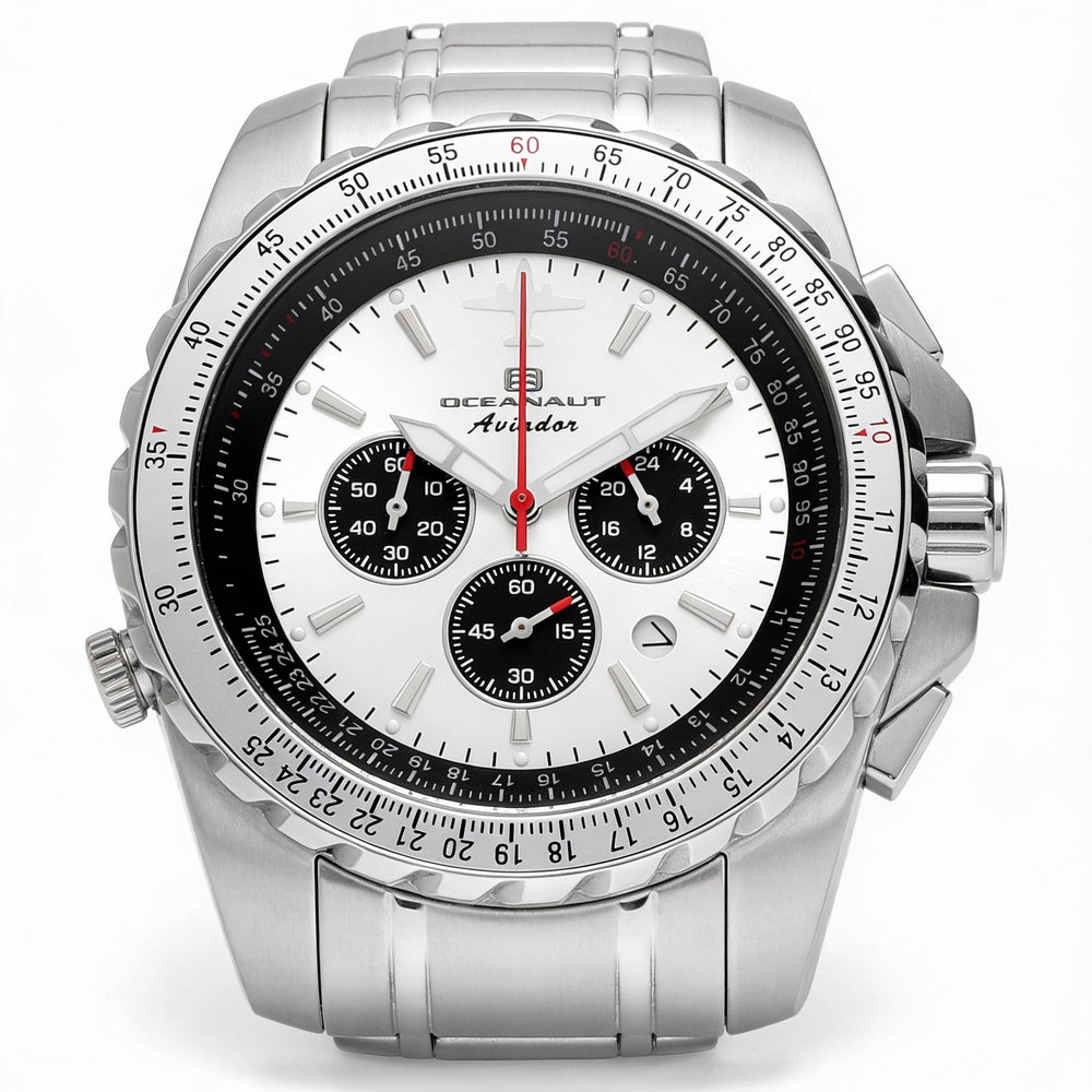 Reloj cronógrafo de cuarzo Oceanaut Aviador Pilot para hombre, plateado, con bisel giratorio y fecha, 45 mm