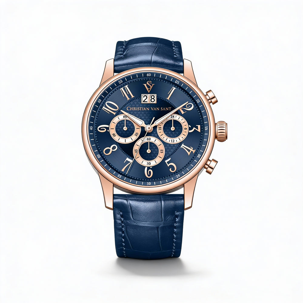 Christian Van Sant Strap Men's Chronograph Quartz Watch, Blue Dial, Stainless Steel Case & Leather Strap