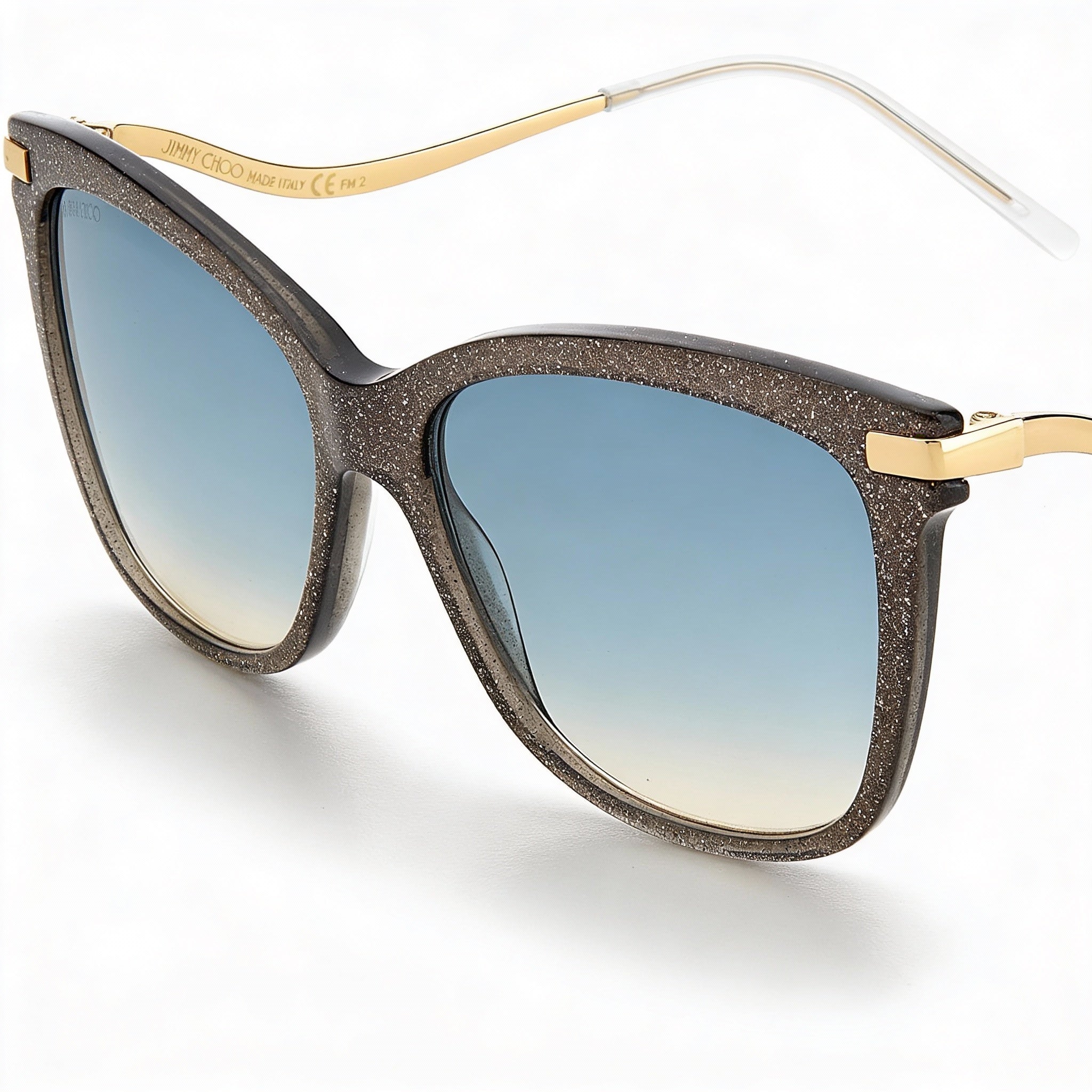 Gafas de sol JIMMY CHOO de policarbonato con protección UV y montura de acetato con purpurina dorada y gris para mujer, 55 mm, Photo 1