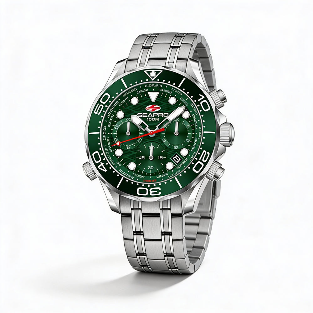 Reloj Seapro Modern para hombre con esfera verde, caja y pulsera de acero inoxidable, resistente al agua hasta 10 ATM.