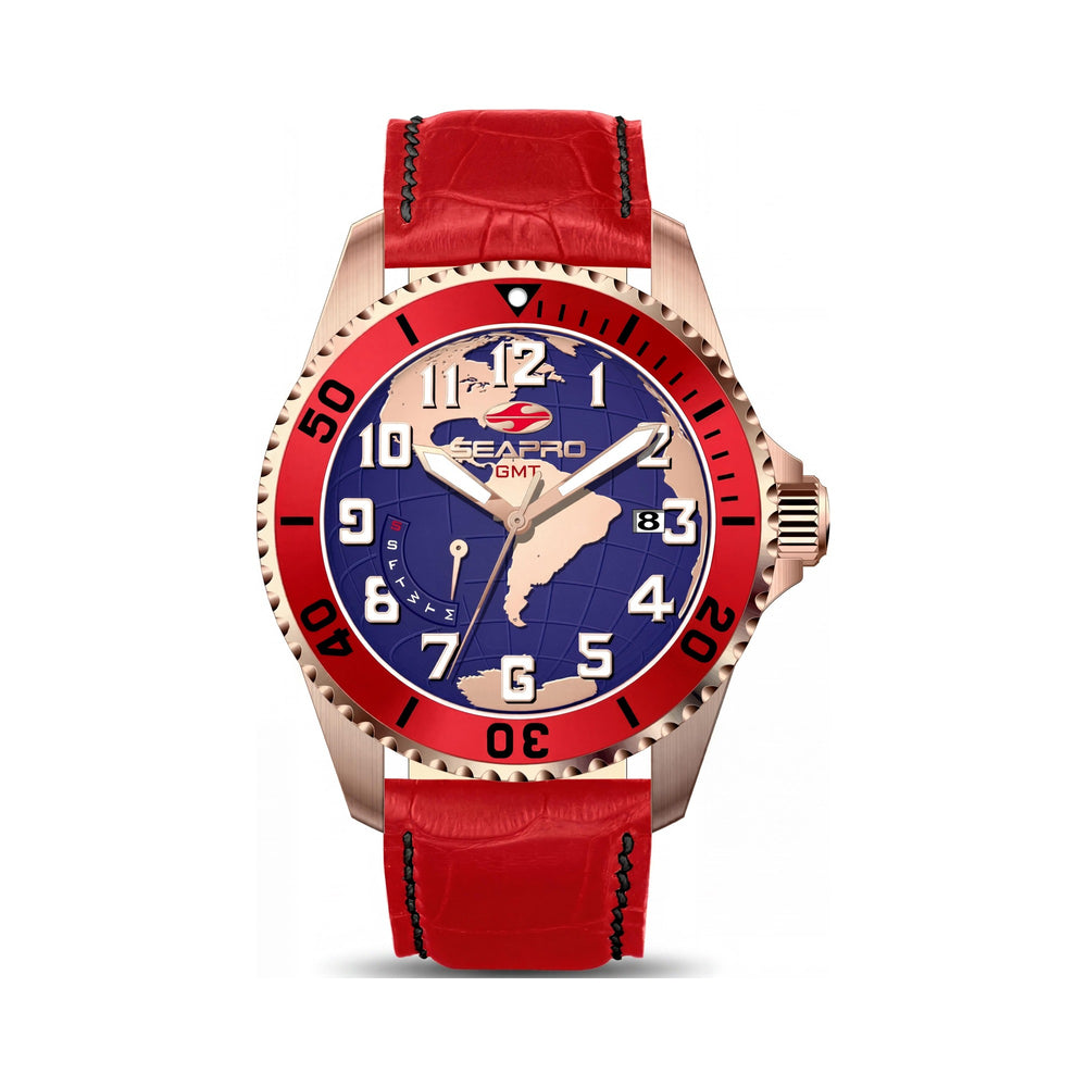 Seapro Quartz Movement Men's Blue Dial Stainless Steel Water Resistant Watch with Leather Strap