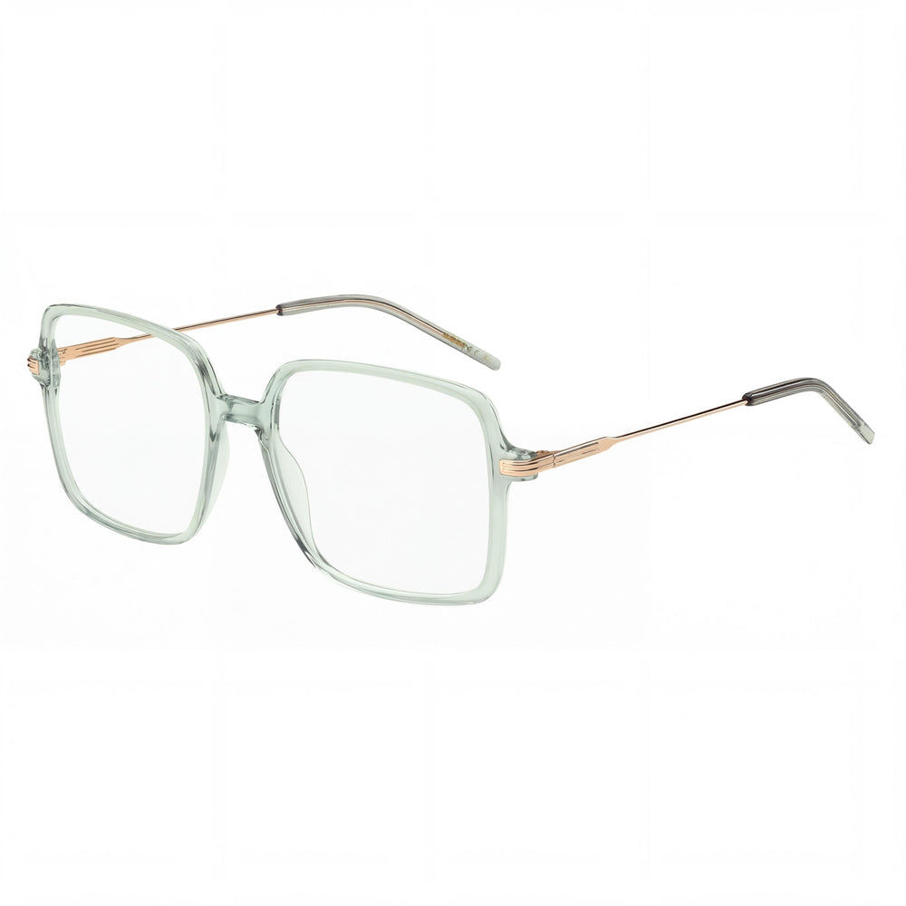 Gafas ópticas Hugo Boss Modern para mujer con montura metálica en color aguamarina, ancho de lente 54 mm, puente 17 mm, patillas 140 mm