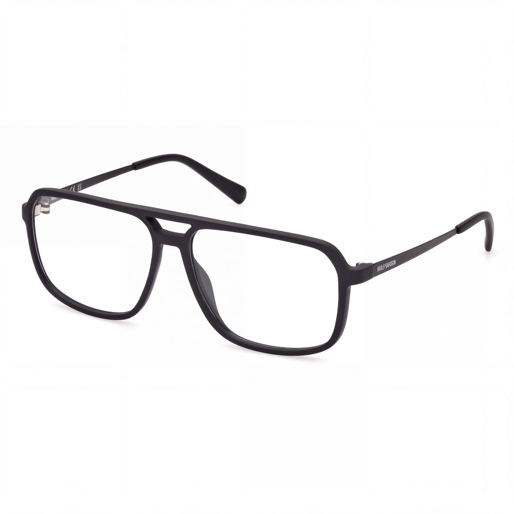 Monturas ópticas para hombre Harley-Davidson 50069 en negro mate con lentes de demostración transparentes, diseñadas para adaptarse a lentes graduadas