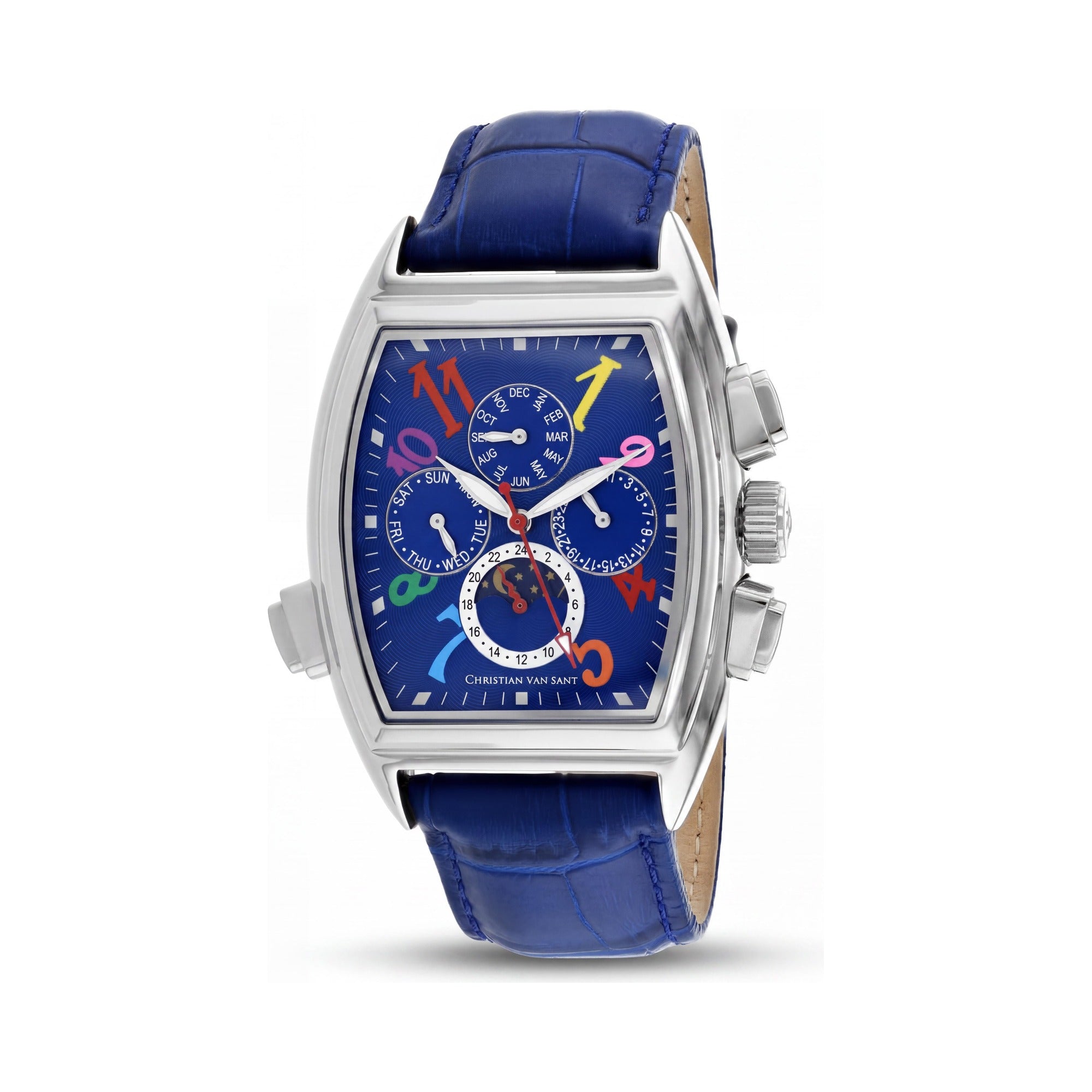 Christian Van Sant Grandeur Men's Automatic Blue Dial Stainless Steel Leather Multi-function Moon Phase Watch, Photo 1