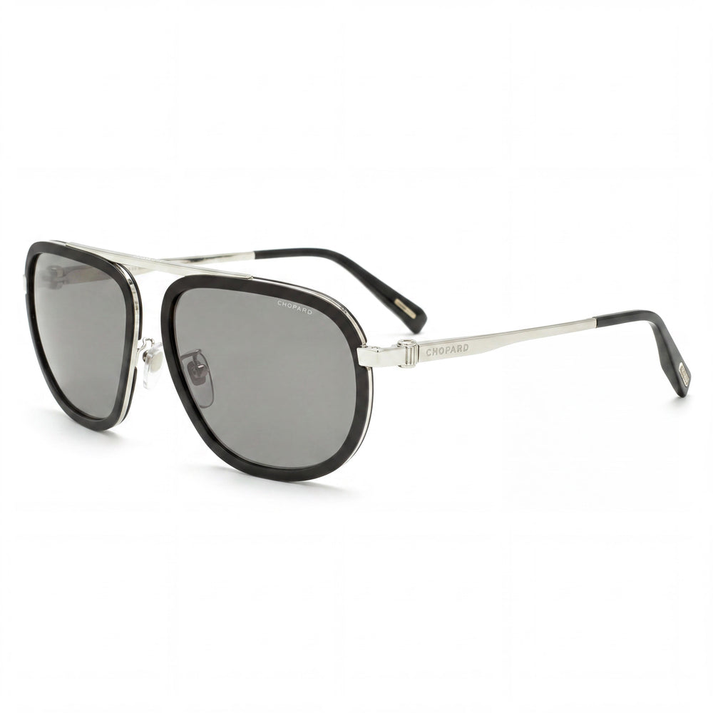 Gafas de sol Chopard para mujer con montura metálica gris plateada, lentes de acetato polarizadas y protección UV.