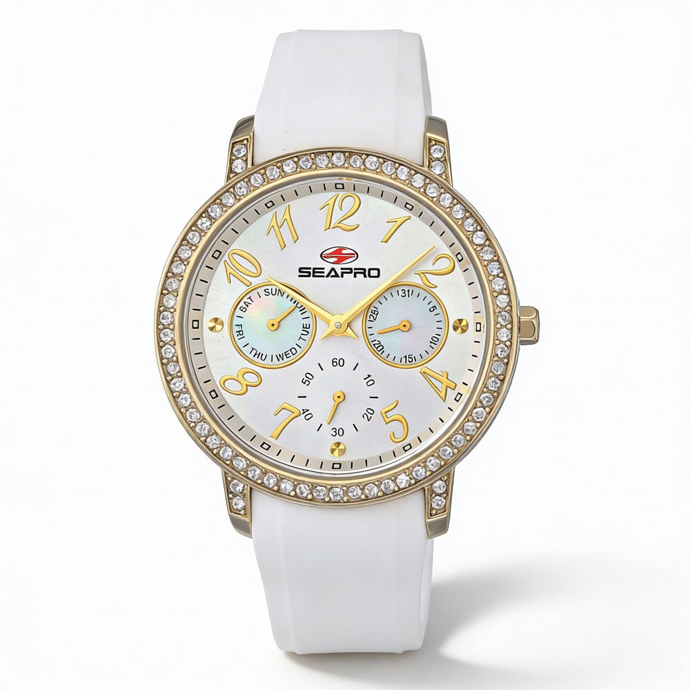 Reloj Seapro Casual para mujer, con cronógrafo plateado, correa de silicona de cuarzo, pantalla diurna, 37 mm, resistente al agua