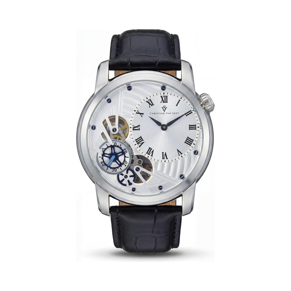 Christian Van Sant CV1540 Sprocket Auto-Quartz Men's Stainless Steel Silver Dial Leather Strap Water Resistant Watch with Timer & Slide-Rule