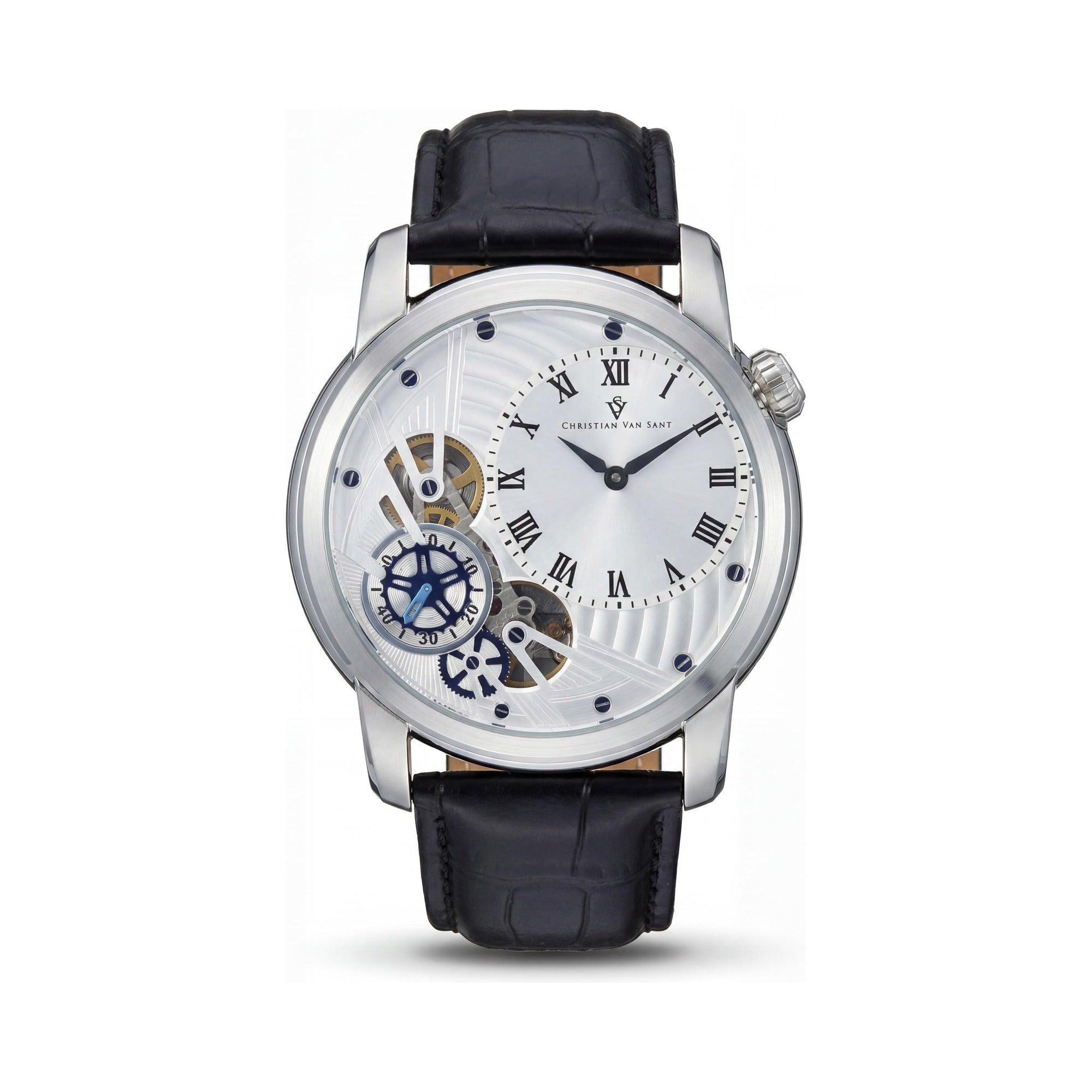 Reloj de hombre Christian Van Sant Sprocket Auto-Quartz de acero inoxidable con esfera plateada, correa de piel, resistente al agua, con temporizador y regla de cálculo, Photo 1