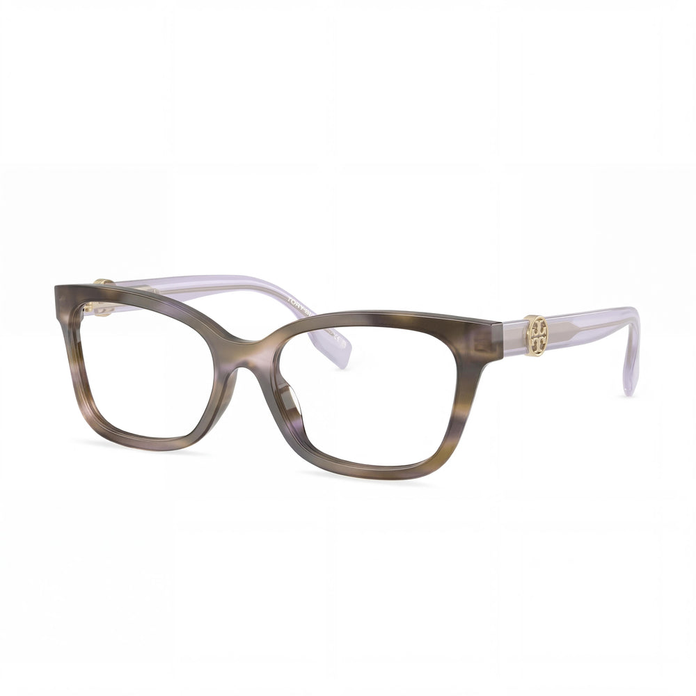 Gafas cuadradas de acetato clásicas Tory Burch para mujer, color morado estriado, lentes transparentes de plástico de 53 mm