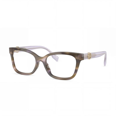Gafas cuadradas de acetato clásicas Tory Burch para mujer, color morado estriado, lentes transparentes de plástico de 53 mm