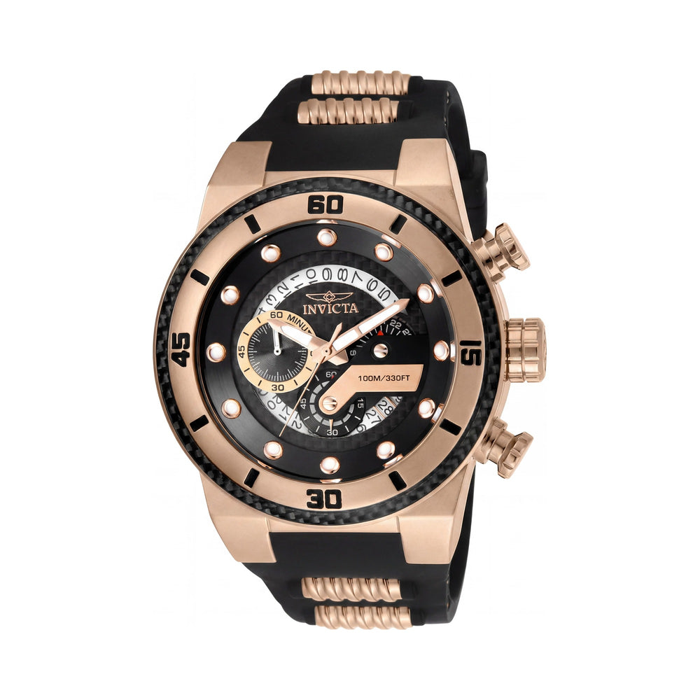 Reloj de cuarzo Invicta Chronograph para hombre, caja de 51 mm, esfera negra, detalles en oro rosa, correa de silicona, resistencia al agua de 100 m.