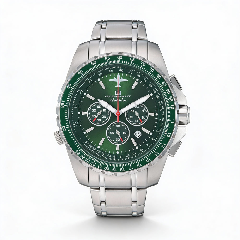 Oceanaut Aviador Pilot - Cronógrafo de cuarzo para hombre, esfera verde, acero inoxidable, 45 mm