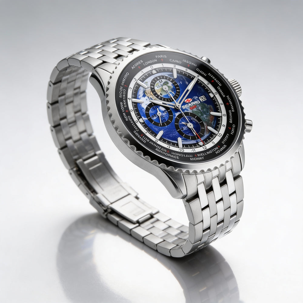 Seapro Men's Quartz Movement Watch, Blue Dial, World Timer, GMT, and Alarm Clock Functions