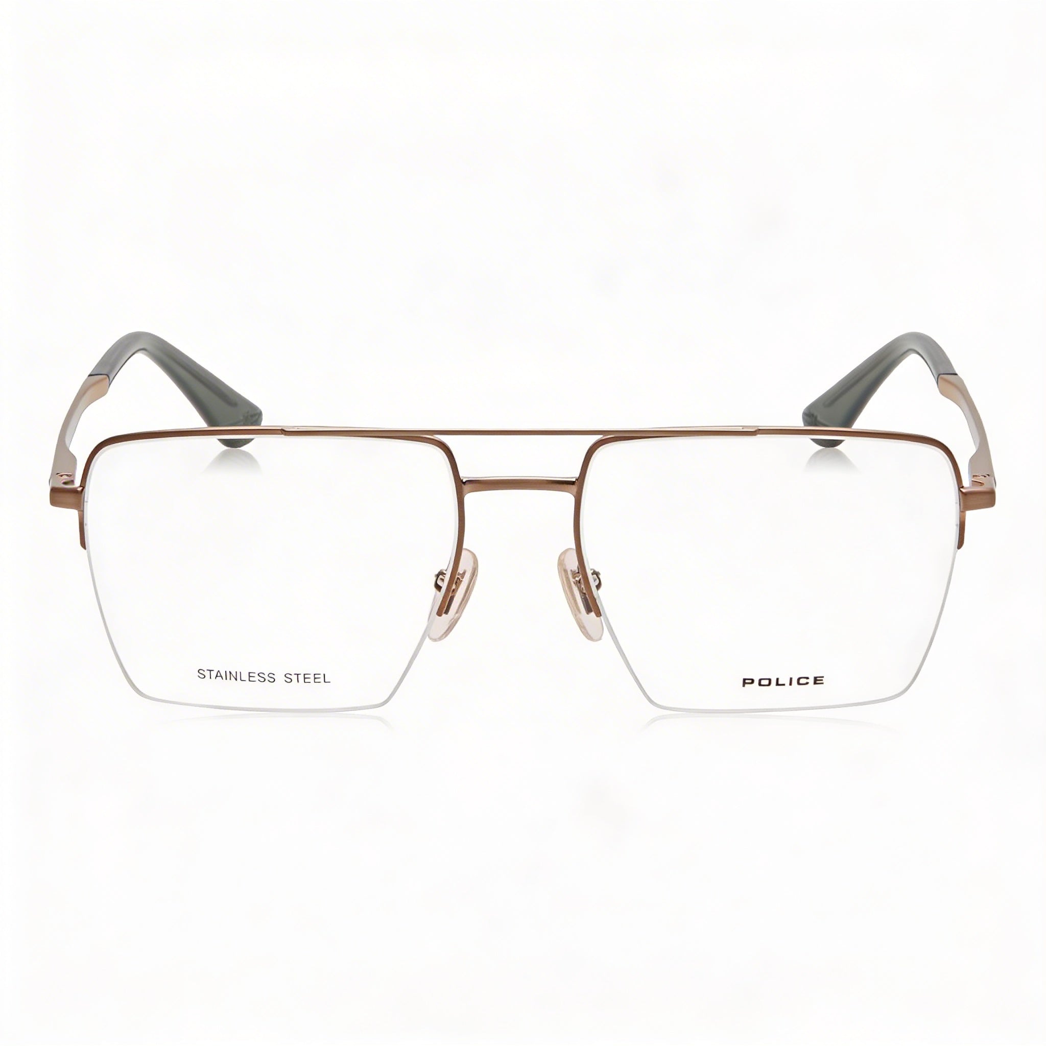 Gafas clásicas de hombre Police con montura de metal satinado brillante color bronce - Lente 55mm, Puente 18mm, Patilla 145mm, Photo 2