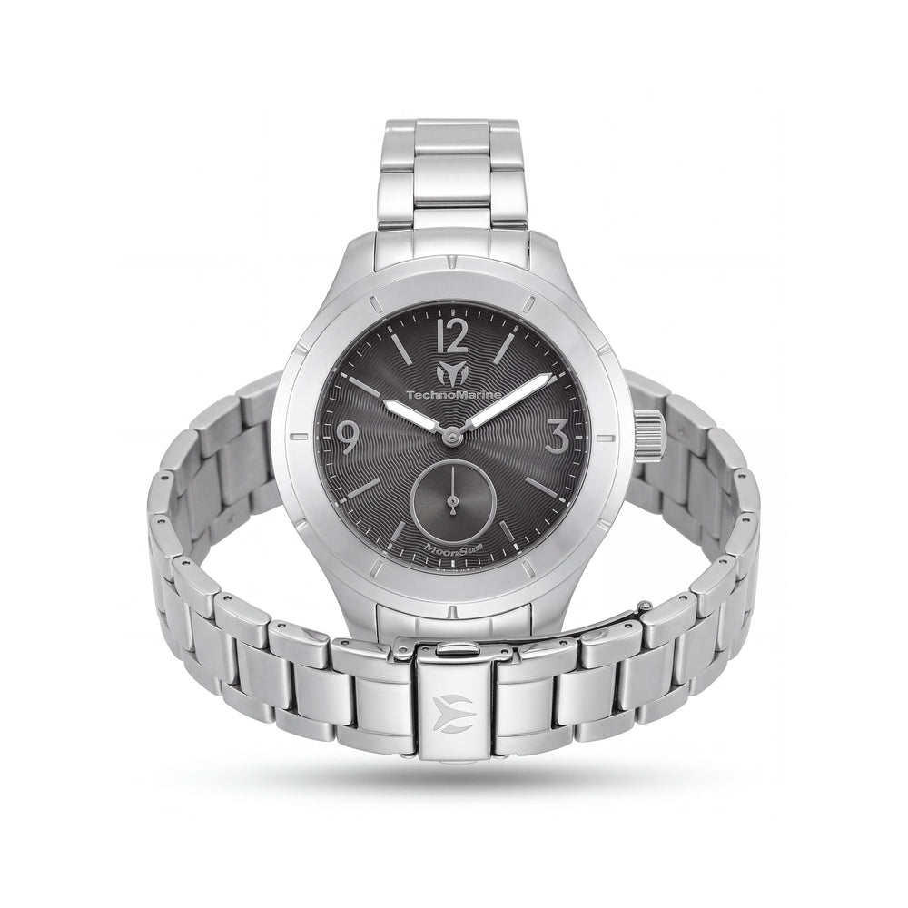 Reloj de cuarzo Technomarine Sun/Moon para hombre, caja de acero inoxidable plateado, esfera carbón, 42 mm con manecillas luminosas y resistente al agua
