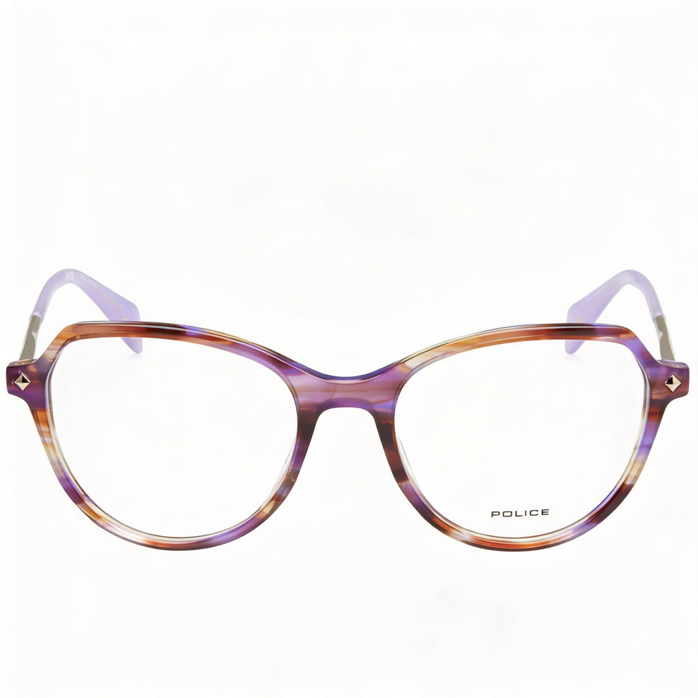 Montura de gafas Police casual para hombre, de acetato a rayas moradas y marrones, con lentes de 52 mm, puente de 18 mm y patillas de 140 mm