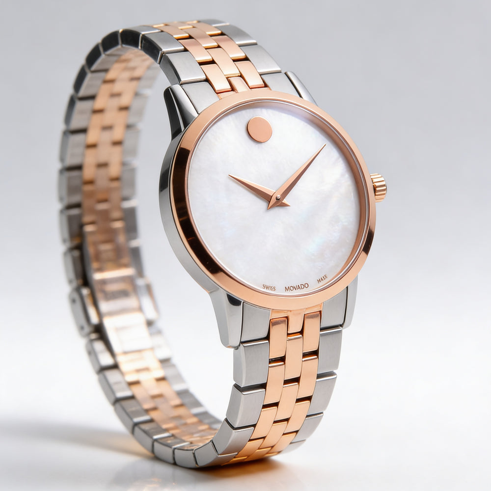 Reloj Movado Museum Classic para mujer, de acero inoxidable, bicolor, plateado y dorado rosa, con bisel de 33 mm.