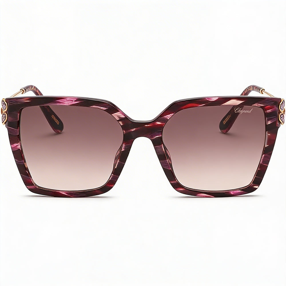 Gafas de sol Chopard casuales de mujer a rayas color burdeos de acetato de celulosa, lentes degradadas marrones, protección UV 56-18-135