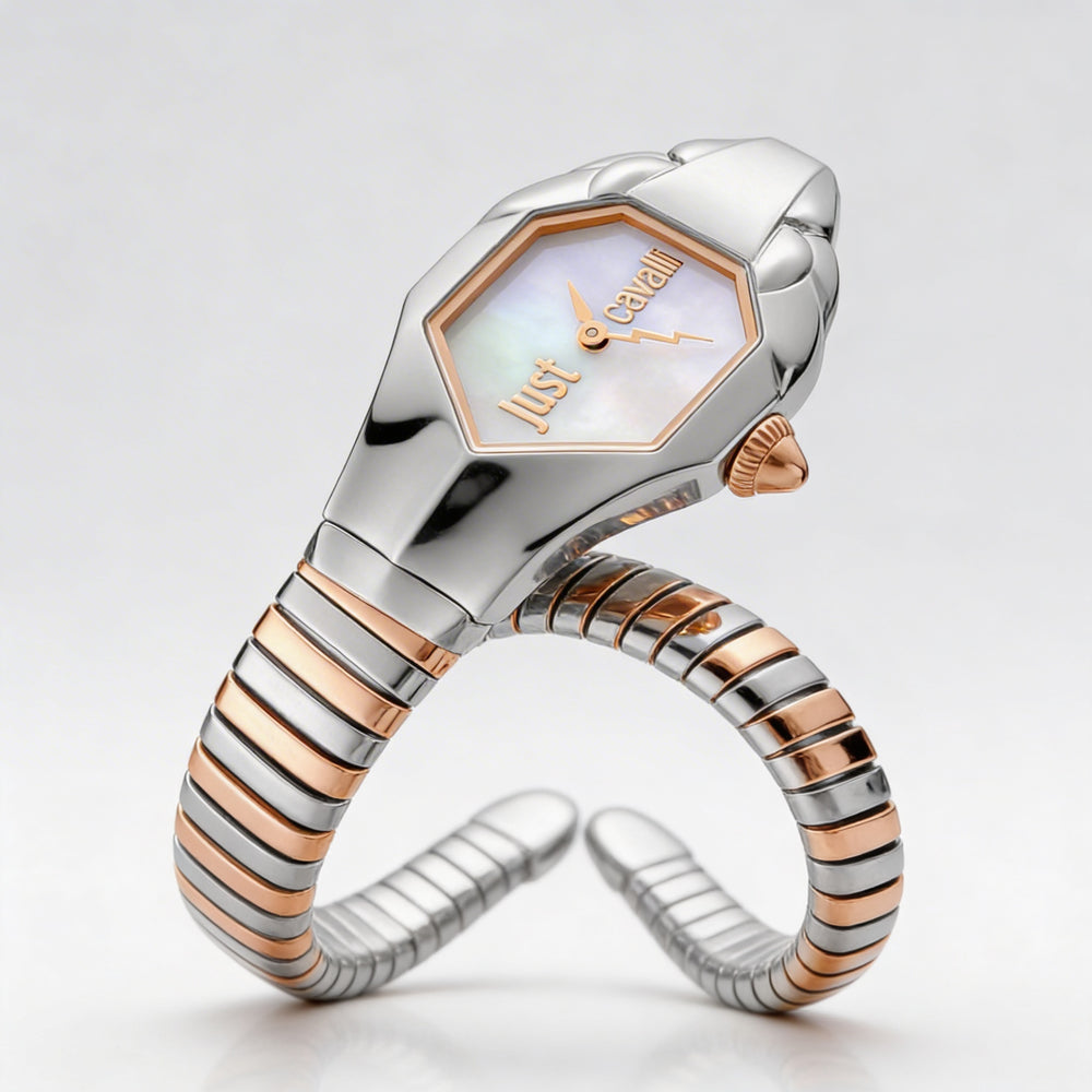 Reloj cronógrafo de acero y nácar con PVD en oro rosa para mujer de Just Cavalli glam