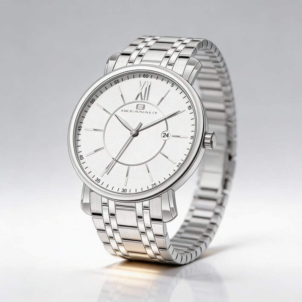 Oceanaut bracelet Men's Stainless Steel Case & Bracelet Water Resistant Watch with White Dial, Quartz Movement, Scratch Resistant Mineral